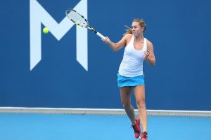 HOBART, AUSTRALIA - JANUARY 04:  Sally Peers of Australia plays a forehand in her qualifying singles match against Lara Arruabarrena of Spain during day one of the Hobart International at Domain Tennis Centre on January 4, 2013 in Hobart, Australia.  (Photo by Mark Metcalfe/Getty Images)