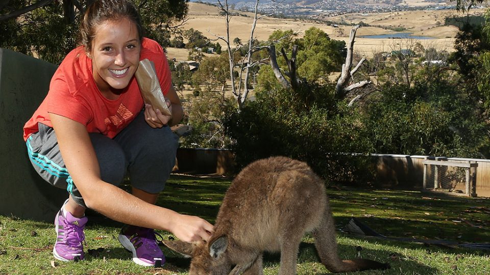 Laura Robson meets a baby Joey at Bonorong Wildlife Sanctuary