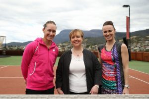 Top seed Sam Stosur joins Tasmanian Premier Lara Giddings and tennis legend Martina Hingis for a tour of the MONA Gallery in Hobart. Pictures: Getty Images