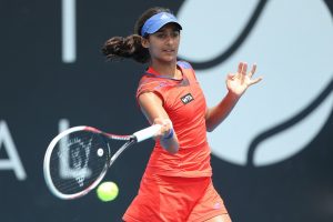 Australian's Naiktha Bains plays a forehand during her final round qualifying match. The 16 year-old lost to Spain's Garbine Muguruza. Picture: Tim Ikin