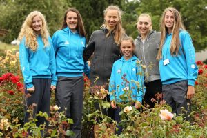 Hobart International young tournament directors joined Mona Barthel and Elena Vesnina on the Champion's Walk through Hobart. Picture: Getty Images