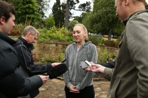 Defending champion Elena Vesnina talks to media. Picture: Getty Images