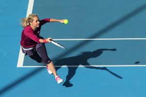 Czech Republic's Klara Zakopalova stretches for a forehand. Zakopalova combined with Monica Niculescu to eliminate top seeds Jie Zheng and Marina Erakovic in the first round of doubles. Picture: Getty Images