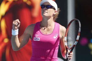 A relieved Samantha Stosur celebrates winning her second round match. She saved two match points in a tense third set tiebreaker. Picture: Getty Images