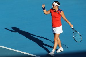 A pumped up Kirsten Flipkens celebrates weathering a challenge from Storm Sanders in their second round match. Picture: Getty Images