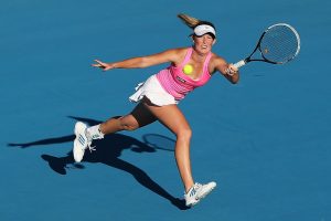 Australian wildcard Storm Sanders stretches for a forehand in her marathon second round. Picture: Getty Images