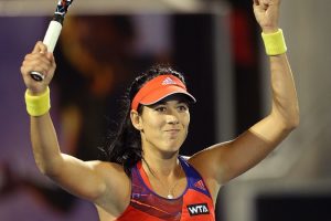 A triumphant Garbine Muguruza celebrates her quarter-final over Kirsten Flipkens. Picture: Getty Images