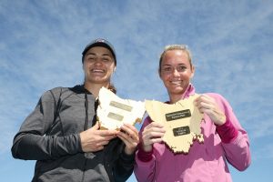 Monica Niculescu and Klara Zakopalova celebrate with their trophies. Picture: Getty Images