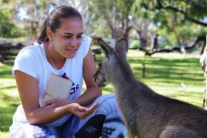 Monica Puig meets a kangaroo at Bonorong Wildlife Sanctuary in Hobart