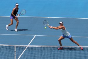 Third seeded doubles pair Irina Buryachok and Oksana Kalashnikova in action in round one doubles. Picture: Tim Ikin