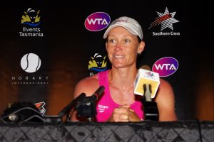 A happy Samantha Stosur talks to the media after reaching the semi-finals of an Australian tournament for the first time since 2005. Picture: Casey Gardner