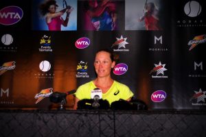 Top seed Samantha Stosur could still manage a smile in her post-match press conference. Picture: Casey Gardner