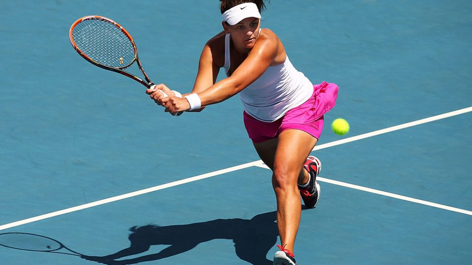 Casey Dellacqua in Fed Cup singles action at Hobart's Domain Tennis Centre; Getty Images