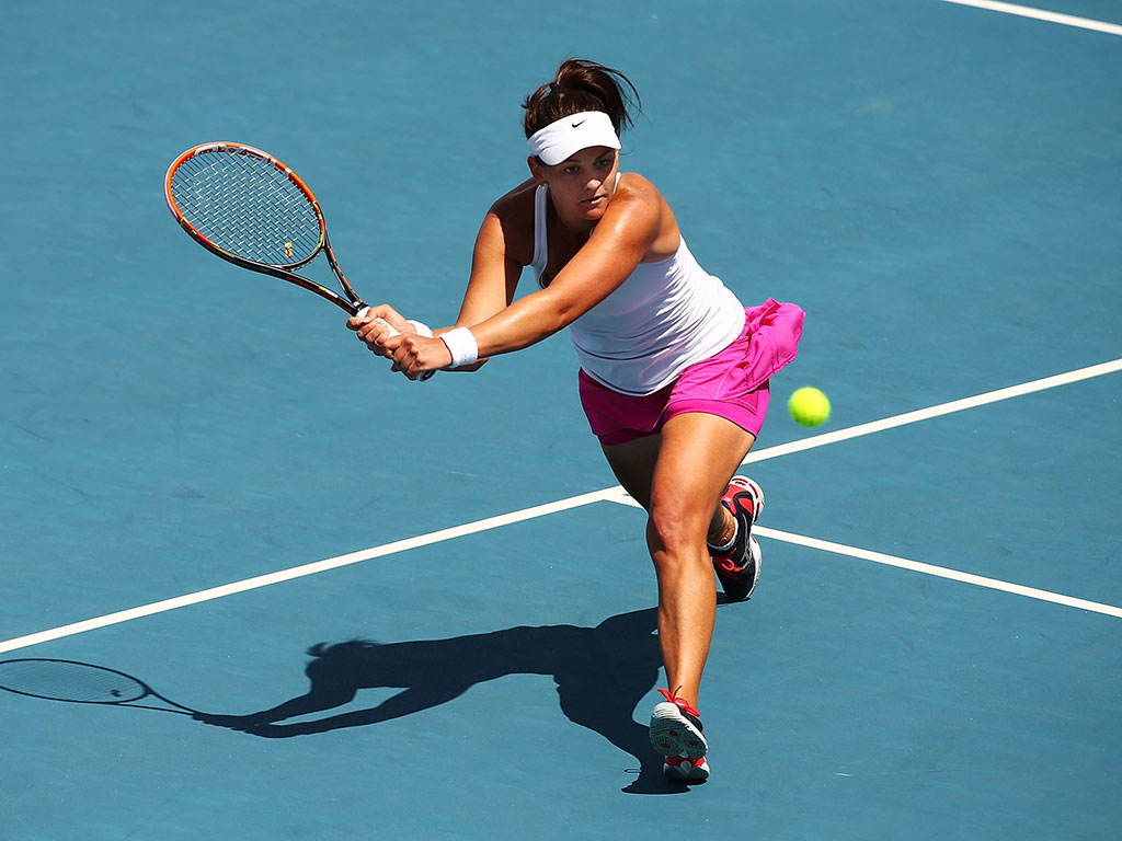 Casey Dellacqua in Fed Cup singles action at Hobart's Domain Tennis