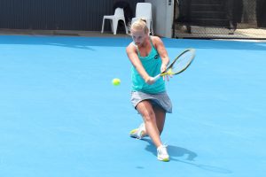 Richel Hogenkamp slices a backhand against Patricia Mayr-Achleitner. Picture: Michael Beattie