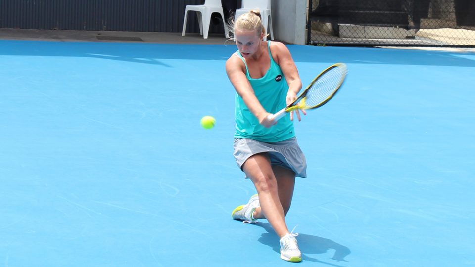 Richel Hogenkamp slices a backhand against Patricia Mayr-Achleitner. Picture: Michael Beattie