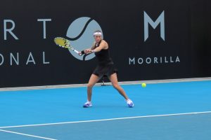 Marina Duque Marino winds up for a forehand. Picture: Michael Beattie