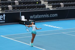 Priscilla Hon prepares to let rip at a serve. Picture: Michael Beattie