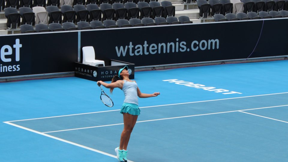 Priscilla Hon prepares to let rip at a serve. Picture: Michael Beattie