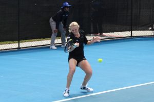 Patricia Mayr-Achleitner guides a forehand return shortly before retiring against Richel Hogenkamp. Picture: Michael Beattie