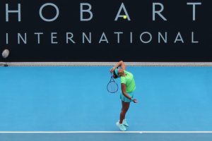 Taylor Townsend serves against Carina Witthoeft. Picture: Michael Beattie