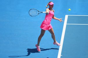 Big-hitting Denisa Allertova plays a forehand against seventh seed Alize Cornet. Picture: Getty Images