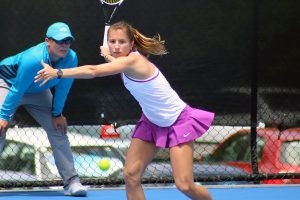 German Annika Beck lines up a forehand in her round one win. Picture: Kaytie Olsen