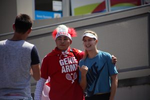Canadian star Eugenie Bouchard meets a fan at the Domain Tennis Centre. Picture: Kaytie Olsen