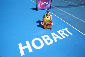 Alize Cornet celebrates becoming the second Frenchwoman to win the Hobart International. Picture: Getty Images 