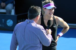 Former Wimbledon finalist Eugenie Bouchard talks to the crowd after her round two win. Picture: Kaytie Olsen