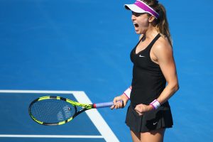 A pumped up Eugenie Bouchard celebrates reaching the 2016 Hobart International final. Picture: Getty Images