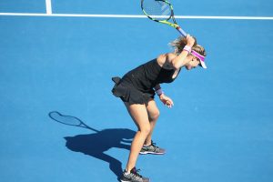 Eugenie Bouchard's racquet coped it after losing the second set today. Picture: Getty Images