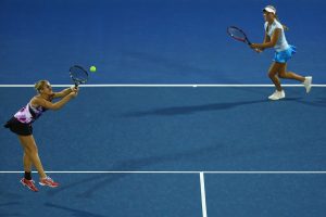 Australian wildcards Jessica Moore and Maddison Inglis in round one doubles action. Picture: Getty Images