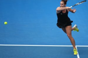 Australian wildcard Jarmila Wolfe strikes a forehand during her round one match. Picture: Getty Images