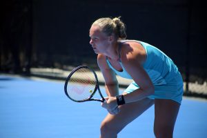 Dutchwoman Kiki Bertens prepares to return during her final qualifying round match. Picture: Kaytie Olsen