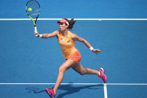 Brit Johanna Konta on the attack in her round one clash with third seed Dominika Cibulkova. Picture: Getty Images