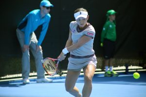 Japan's Misaki Doi lines up a backhand in her round one match against Mona Barthel. Picture: Kaytie Olsen