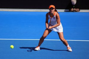 Japan's Nao Hibino in doubles quarterfinal action this afternoon. Picture: Kaytie Olsen