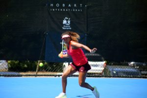 Naomi Osaka lines up a forehand in her final qualifying round match. Picture: Kaytie Olsen