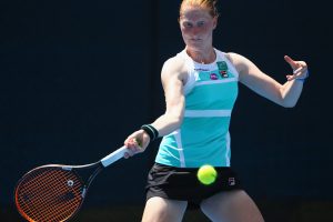 Eighth seed Alison Van Uytvanck lines up a forehand during her round one victory. Picture: Getty Images