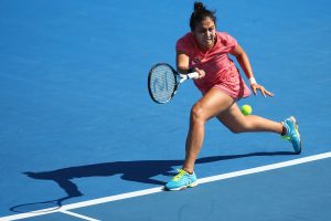 Kazahkstan's Zarina Diyas stretches for a forehand in her first round clash. Picture: Getty Images