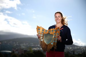 Hobart International 2016 champion Alize Cornet with her trophy overlooking the picturesque Mt Wellington.  Picture: Getty Images
