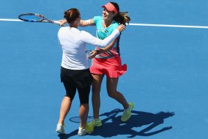 Aussie duo Jarmila Wolfe and Kimberly Birrell celebrate reaching their first final together. Picture: Getty Images