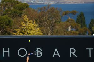 Dominika Cibulkova serves on the picturesque centre court at the Domain Tennis Centre. Picture: Getty Images