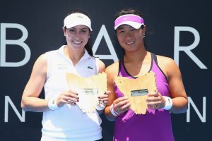 Big smiles from American Christina McHale and China's Xinyun Han as they celebrate their first WTA Tour doubles title. Picture: Getty Images