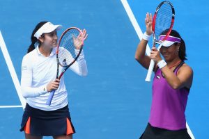 A big crowd was at the Domain Tennis Centre for the doubles final, which champions Christina McHale and Xinyun Han appreciated. Picture: Getty Images