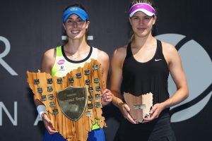 Champion Alize Cornet, with runner-up Eugenie Bouchard. Picture: Getty Images