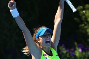 Alize Cornet celebrates on match as Bouchard's shot sails wide. Picture: Getty Images