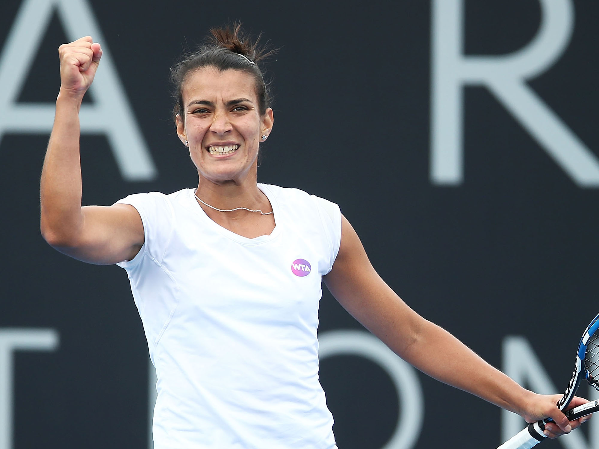 HUGE WIN: Veronica Cepede Royg celebrates her upset win over Andrea Petkovic; Getty Images