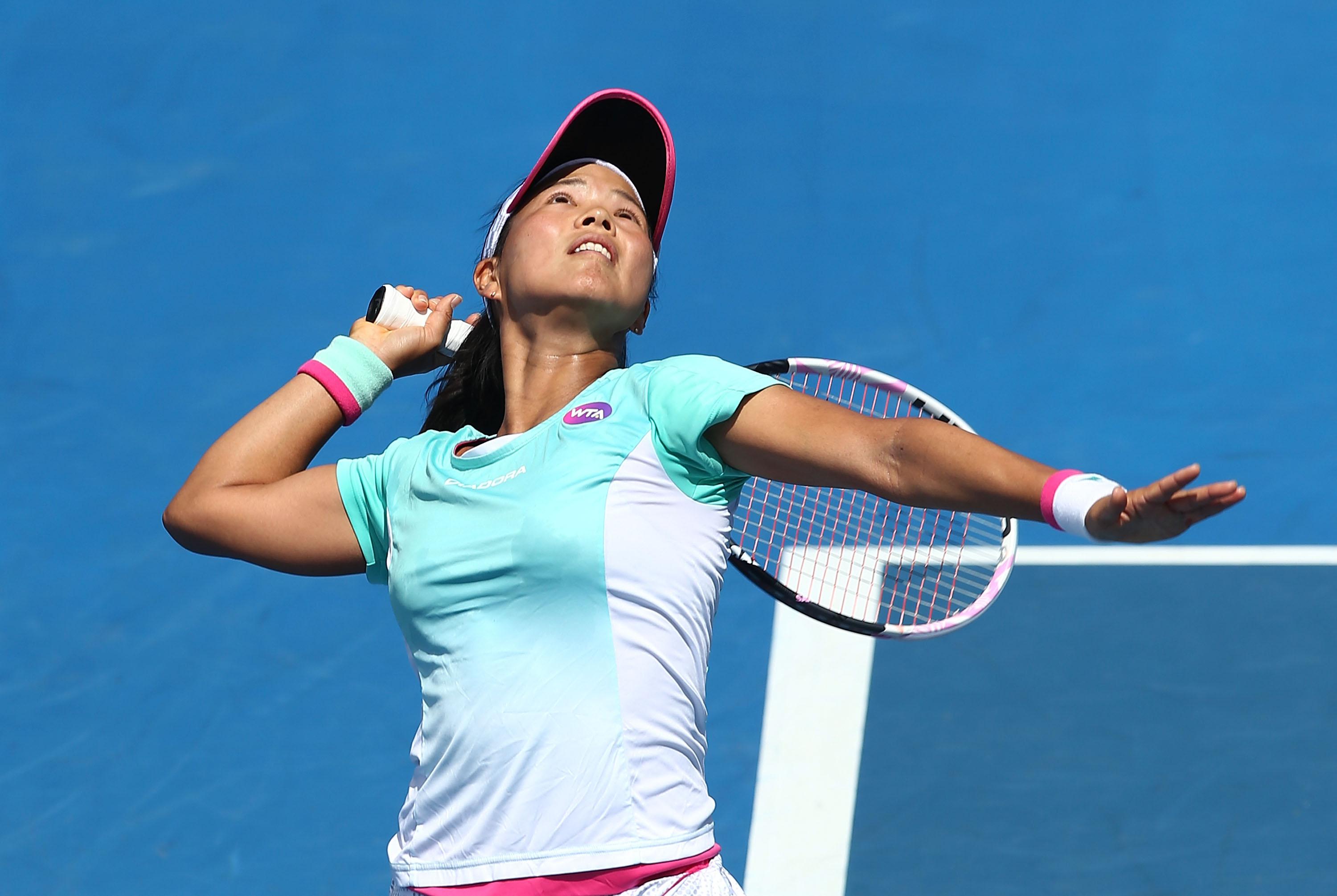 ON SERVE: World No.100 Risa Ozaki in action during her stunning upset win over former world No.5 Lucie Safarova; Getty Images